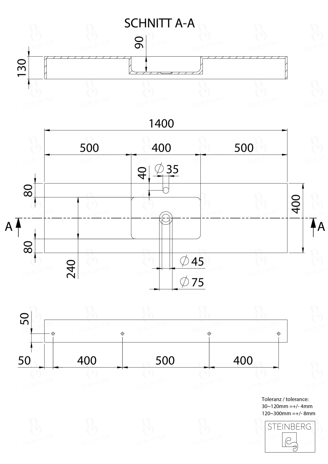 Steinberg Serie 444 - Wandwaschtisch - aus Solid Surface - weiß