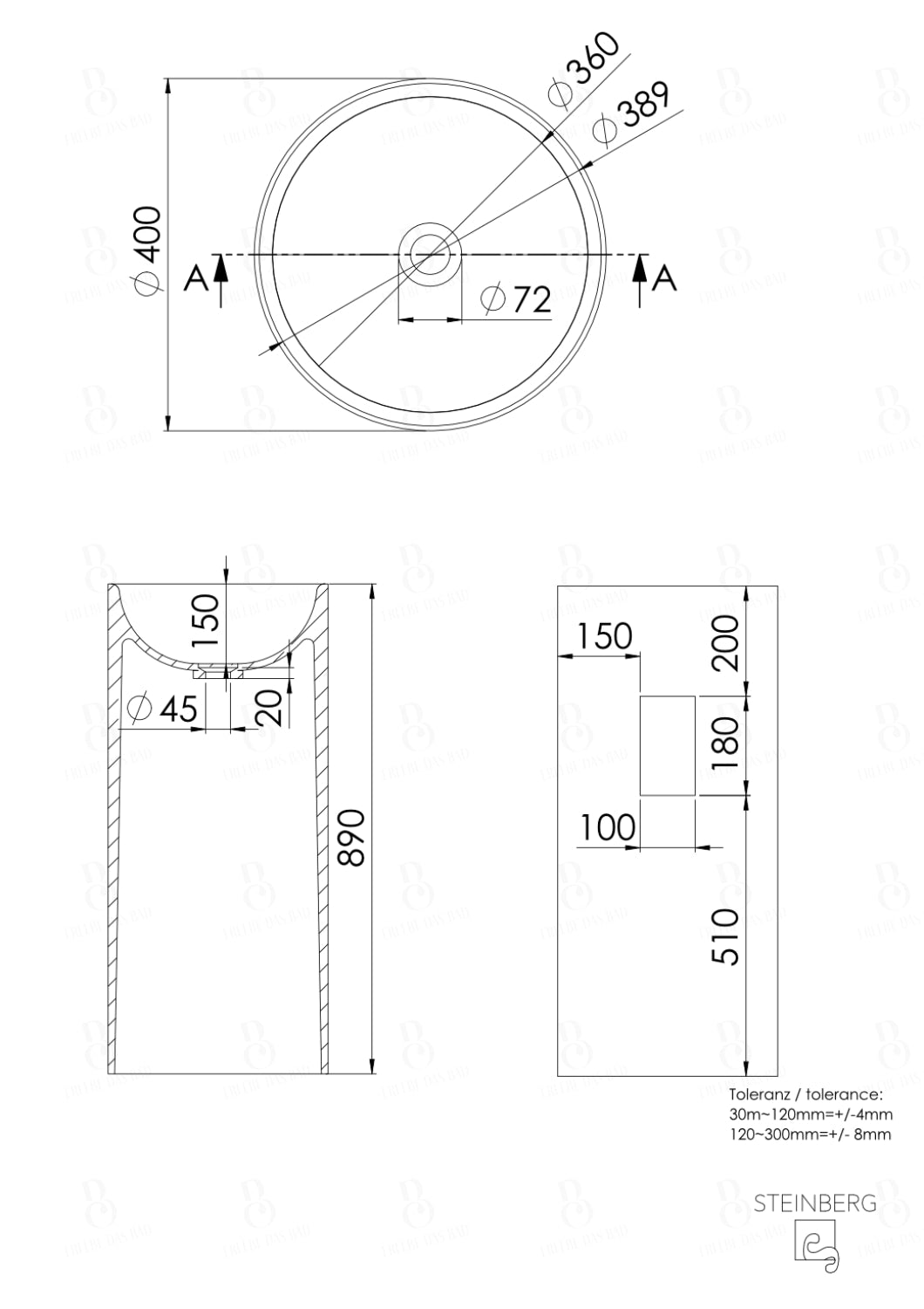 Steinberg Serie 445 - Standwaschtisch - aus Solid Surface - weiß