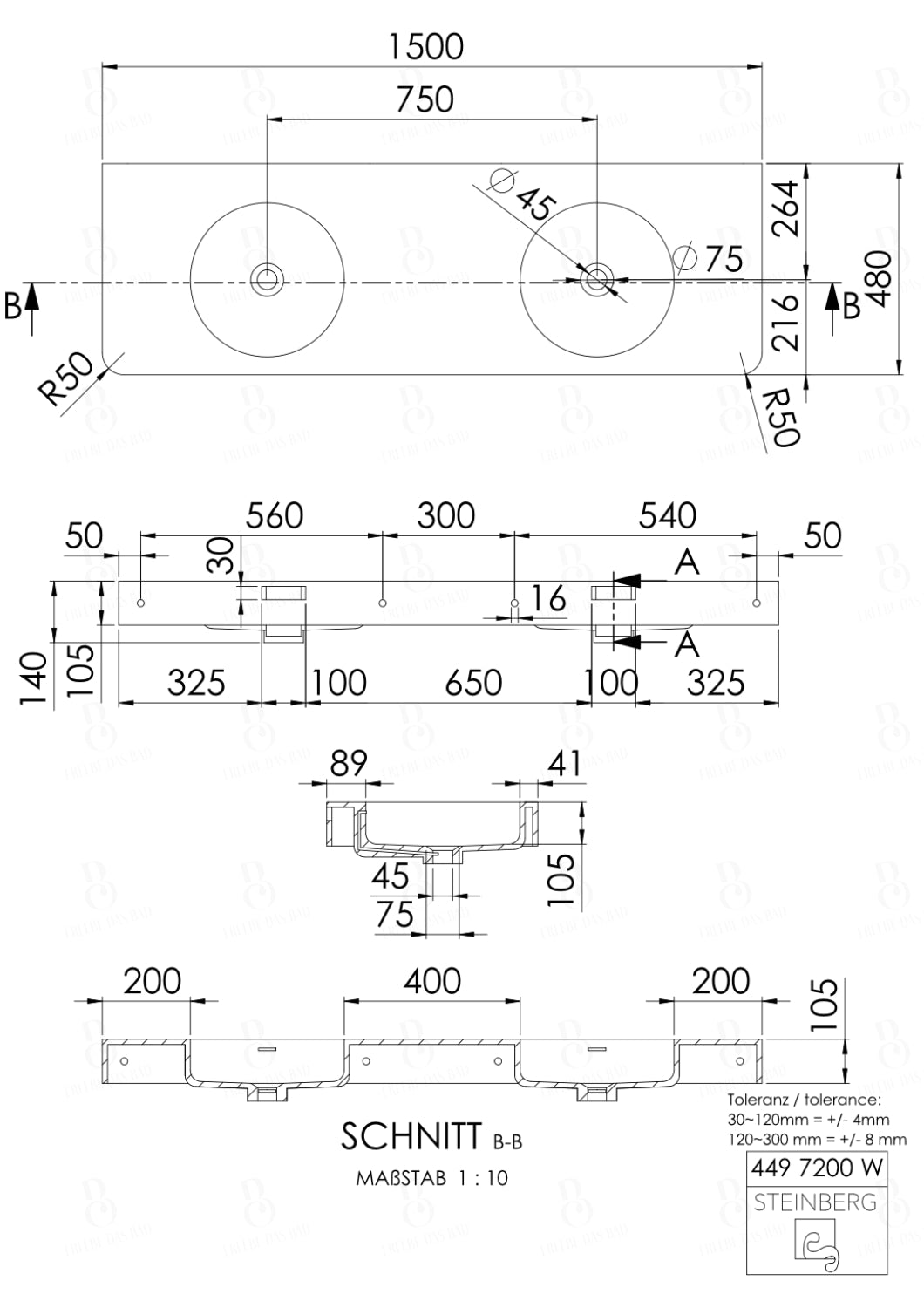 Steinberg Serie 449 - Doppelwaschtisch - aus Solid Surface - weiß