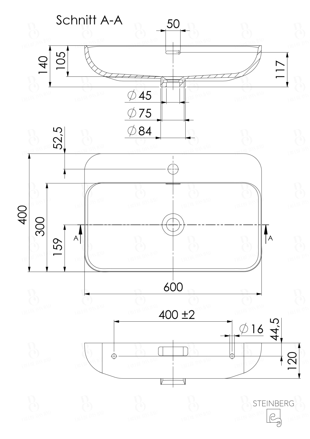 Steinberg Serie 449 - Wandwaschtisch - aus Solid Surface - schwarz