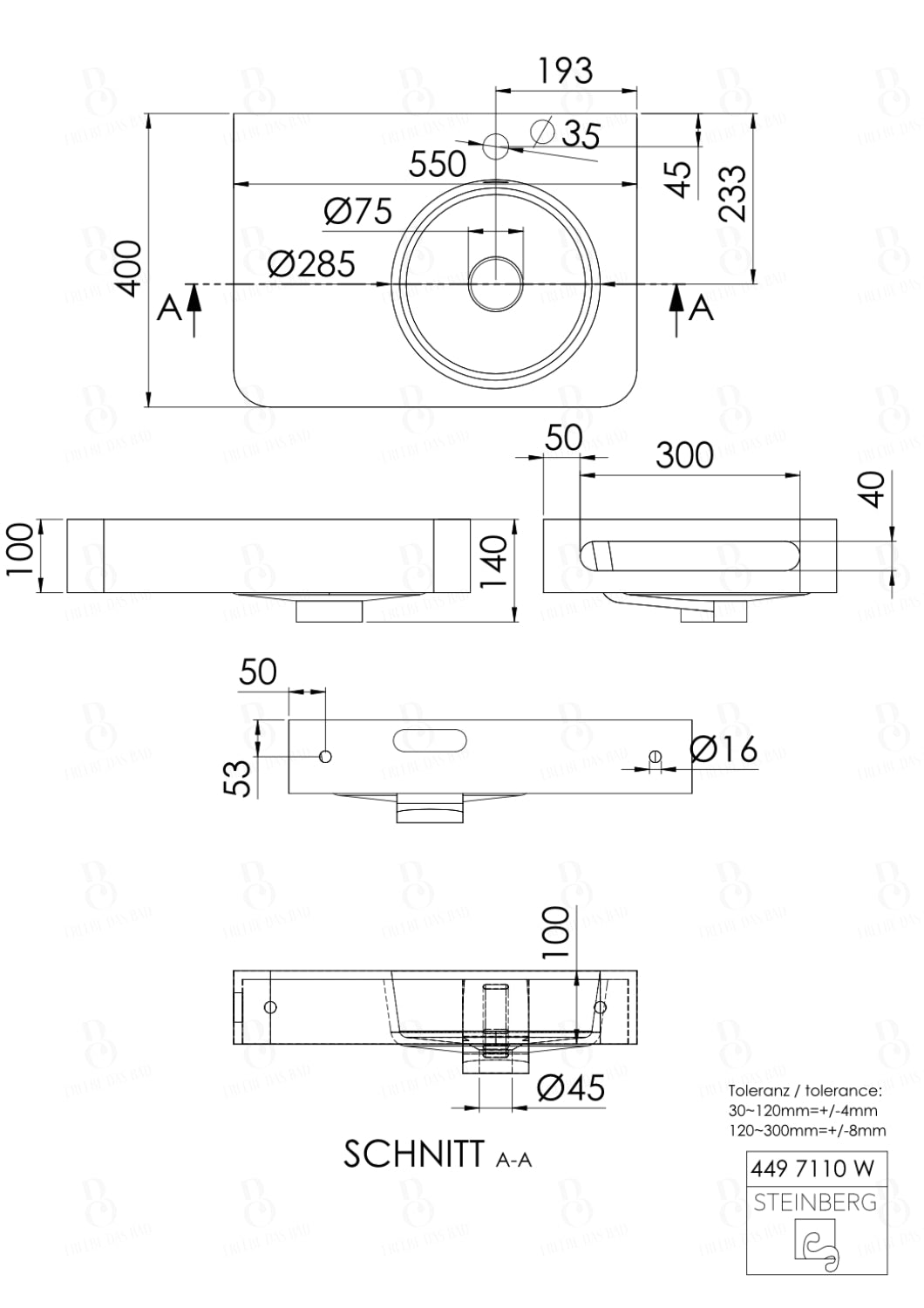 Steinberg Serie 449 - Wandwaschtisch - aus Solid Surface - weiß