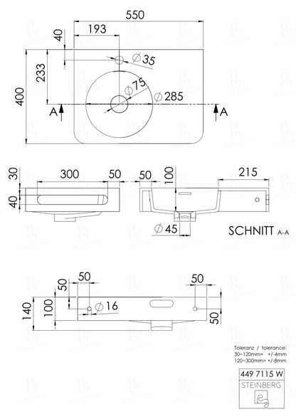 Steinberg Serie 449 - Wandwaschtisch - aus Solid Surface - weiß