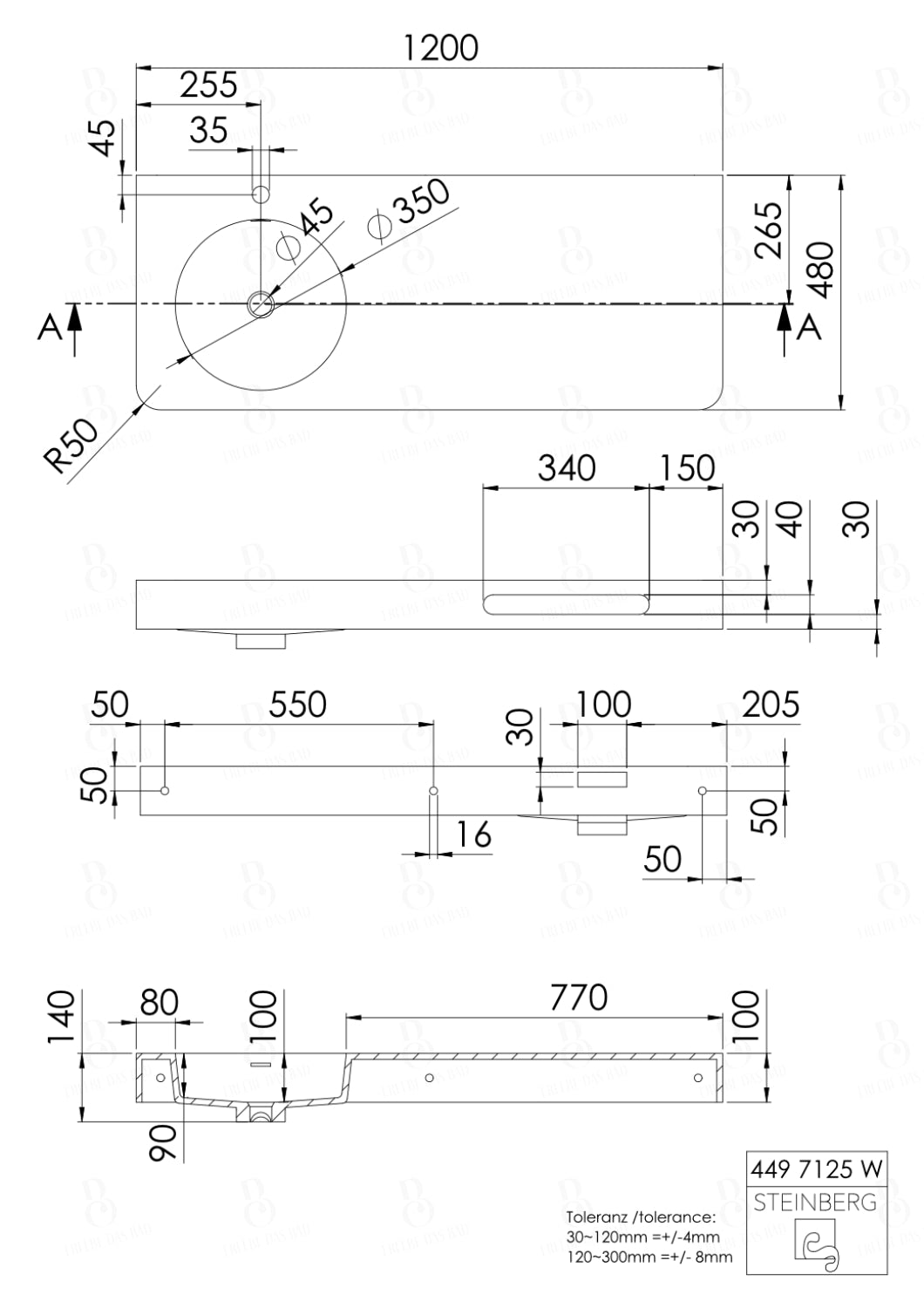 Steinberg Serie 449 - Wandwaschtisch - aus Solid Surface - weiß