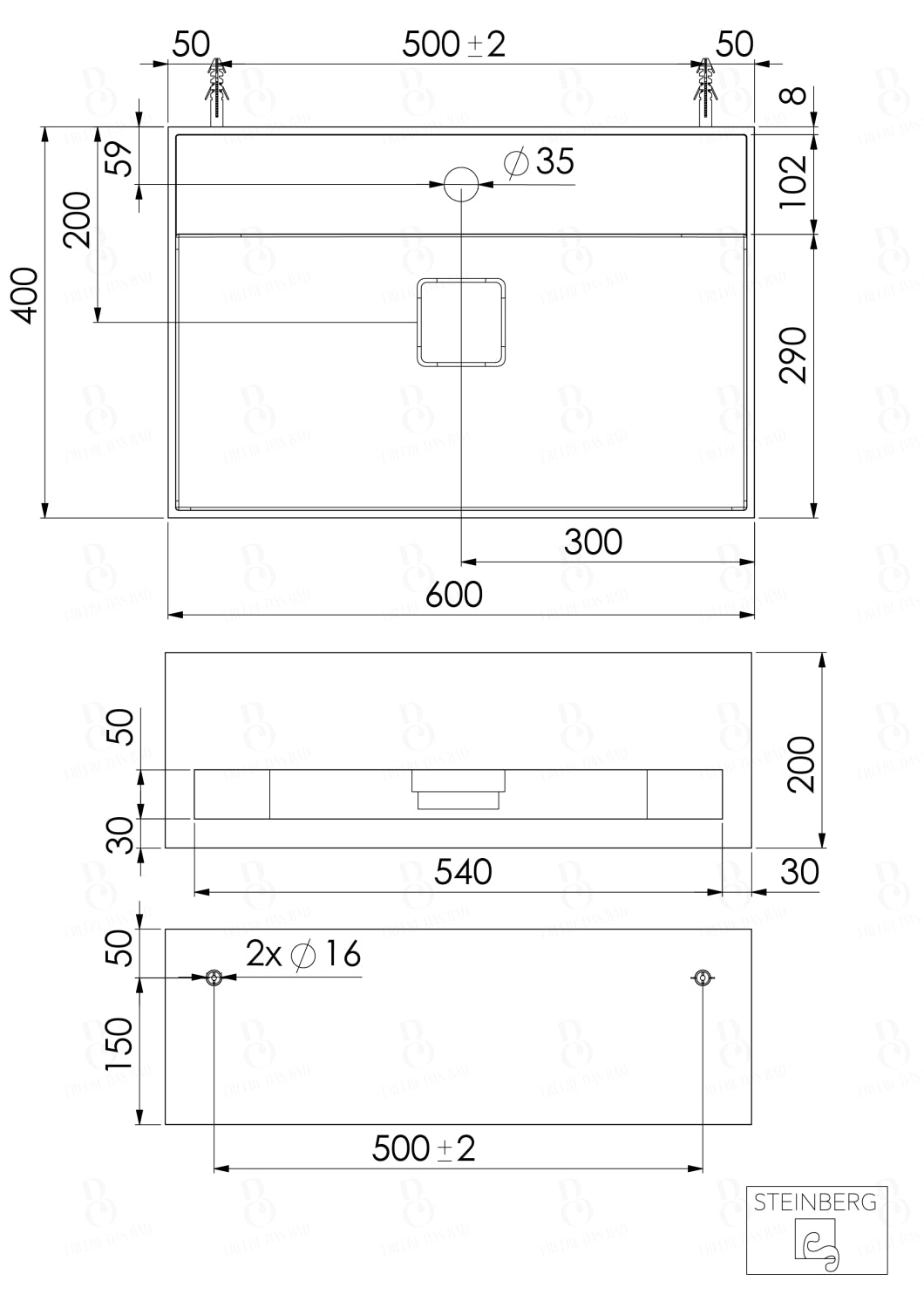 Steinberg Serie 443 - Wandwaschtisch rechteckig - aus Solid Surface - schwarz