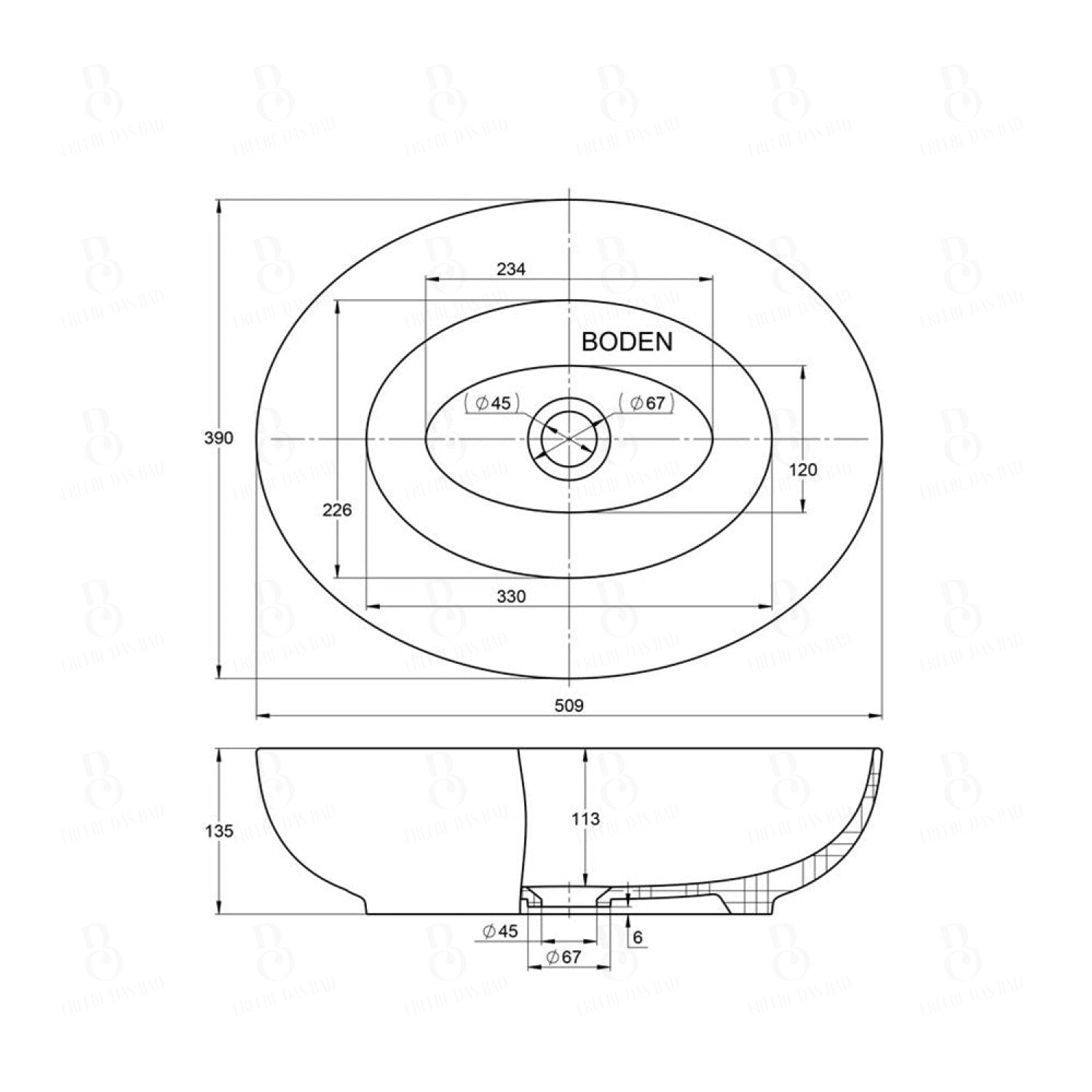 Aufsatzwaschbecken - Oval - aus Keramik  - 51cm Breite - Treos - in Weiß