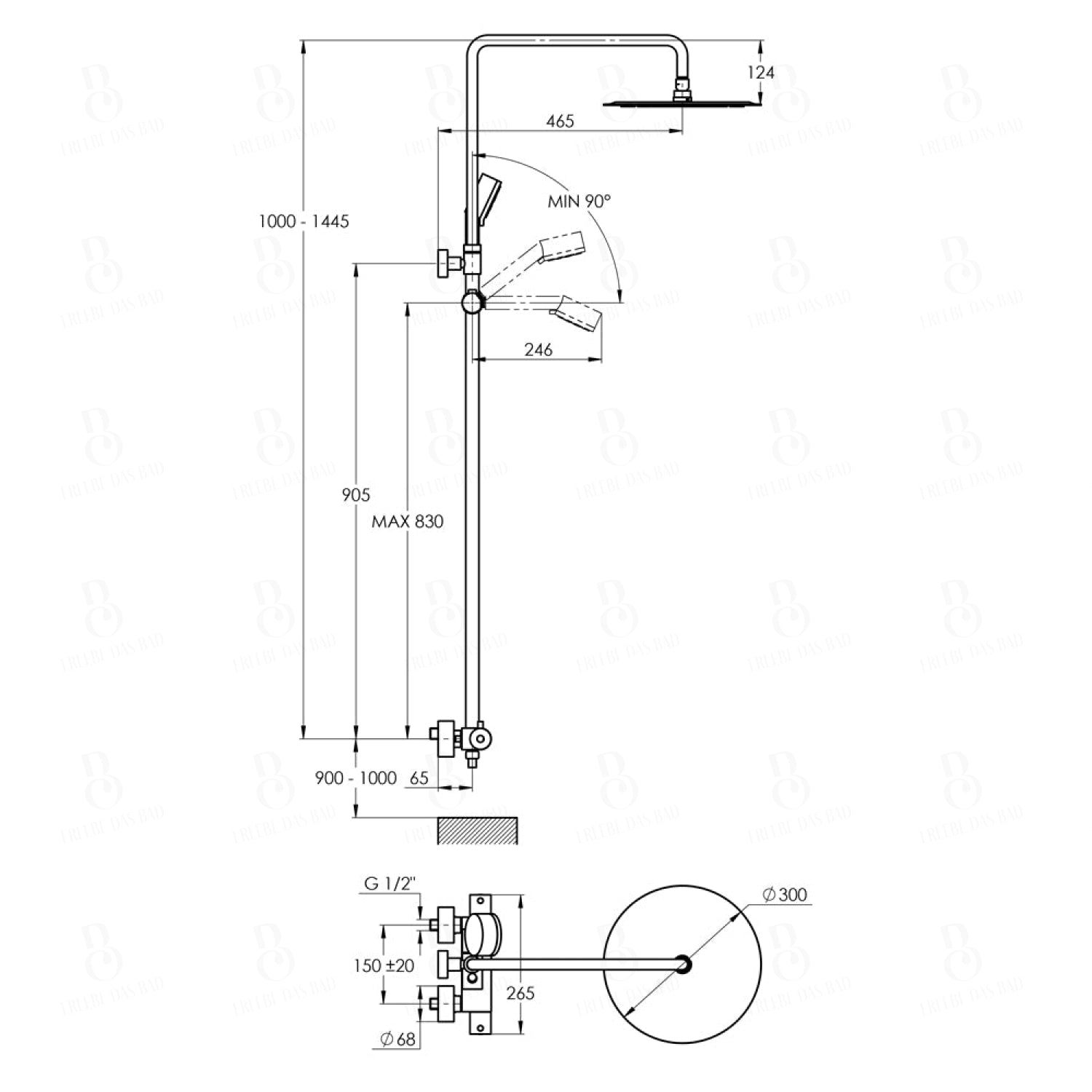 Treos Serie 190 Duschsystem mit Thermostat Regenbrause rund 300mm Handbrause höhenverstellbar