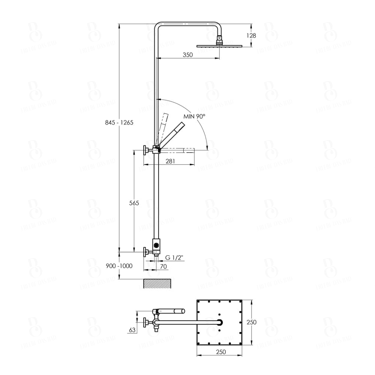 Treos Serie 195 Duschsystem ohne Armatur Regenbrause 250x250mm mit Handbrause