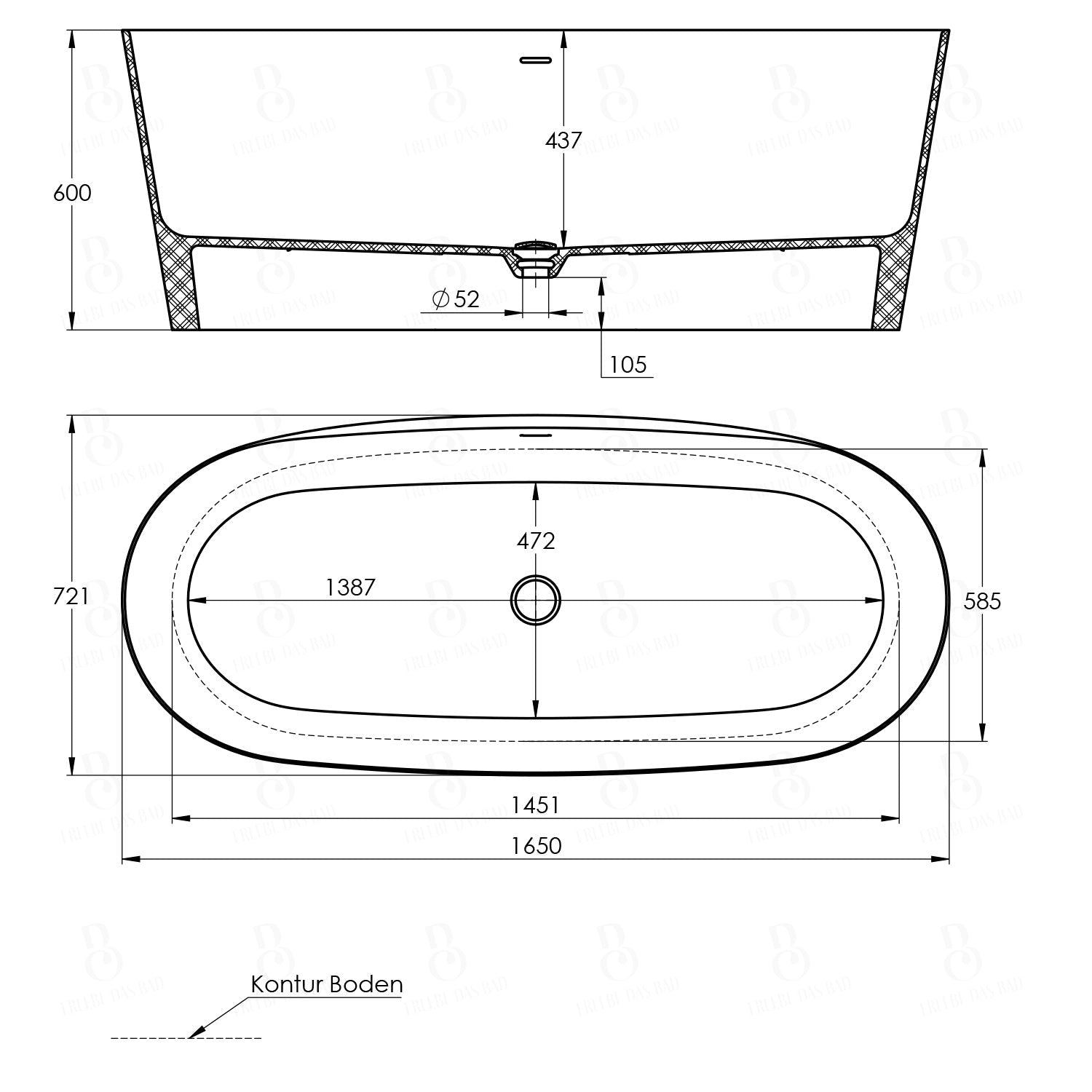 freistehende Badewanne - aus Mineralguss - Länge 165cm - Treos Serie 710 - weiss glänzend