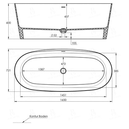 freistehende Badewanne - aus Mineralguss - Länge 165cm - Treos Serie 710 - weiss glänzend