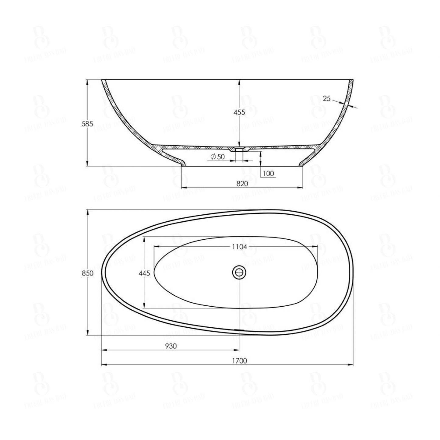 Freistehende Badewanne - aus Mineralguss - Treos Serie 703 -  Schwarz/Weiss glänzend