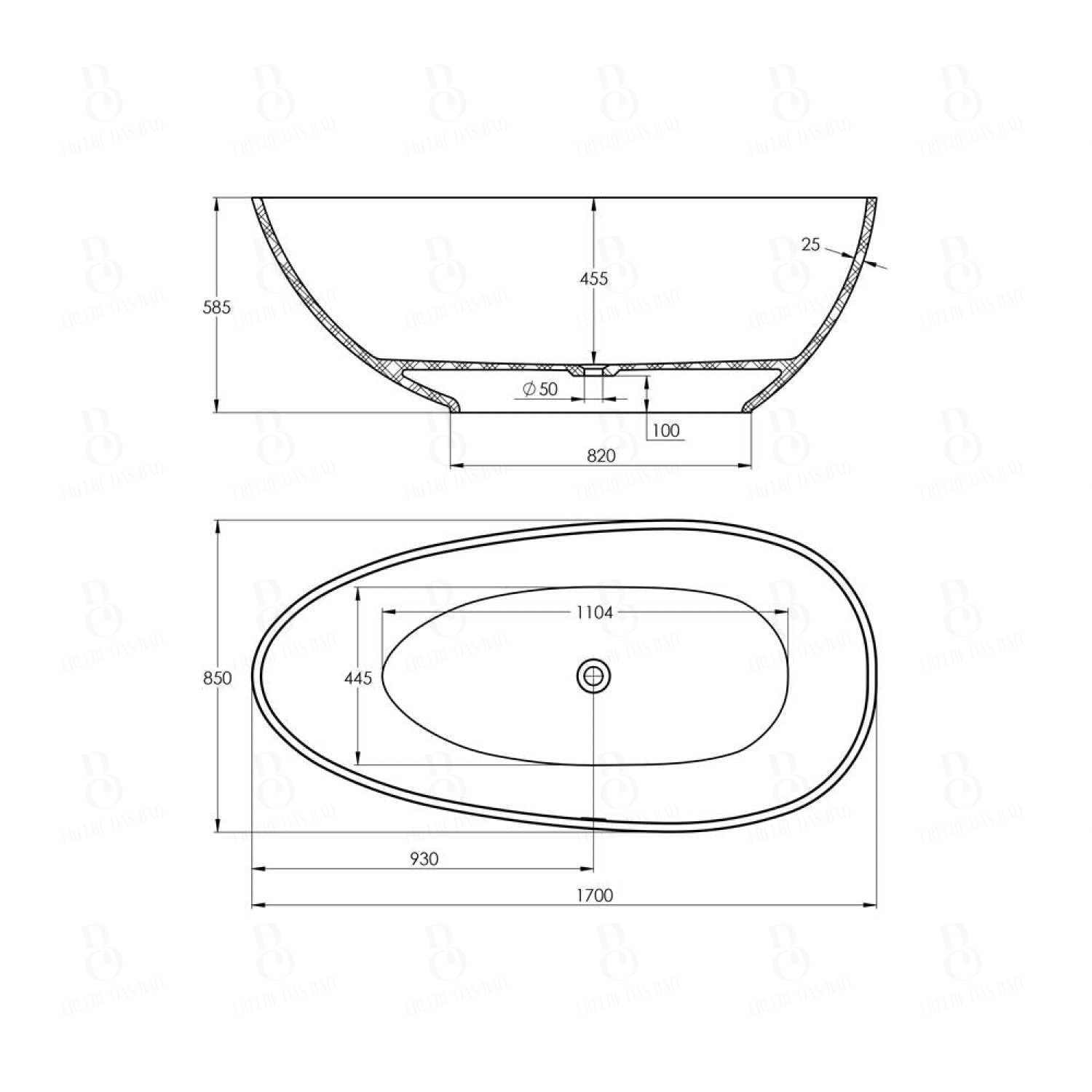 Freistehende Badewanne - aus Mineralguss - Treos Serie 703 -  Schwarz/Weiss glänzend