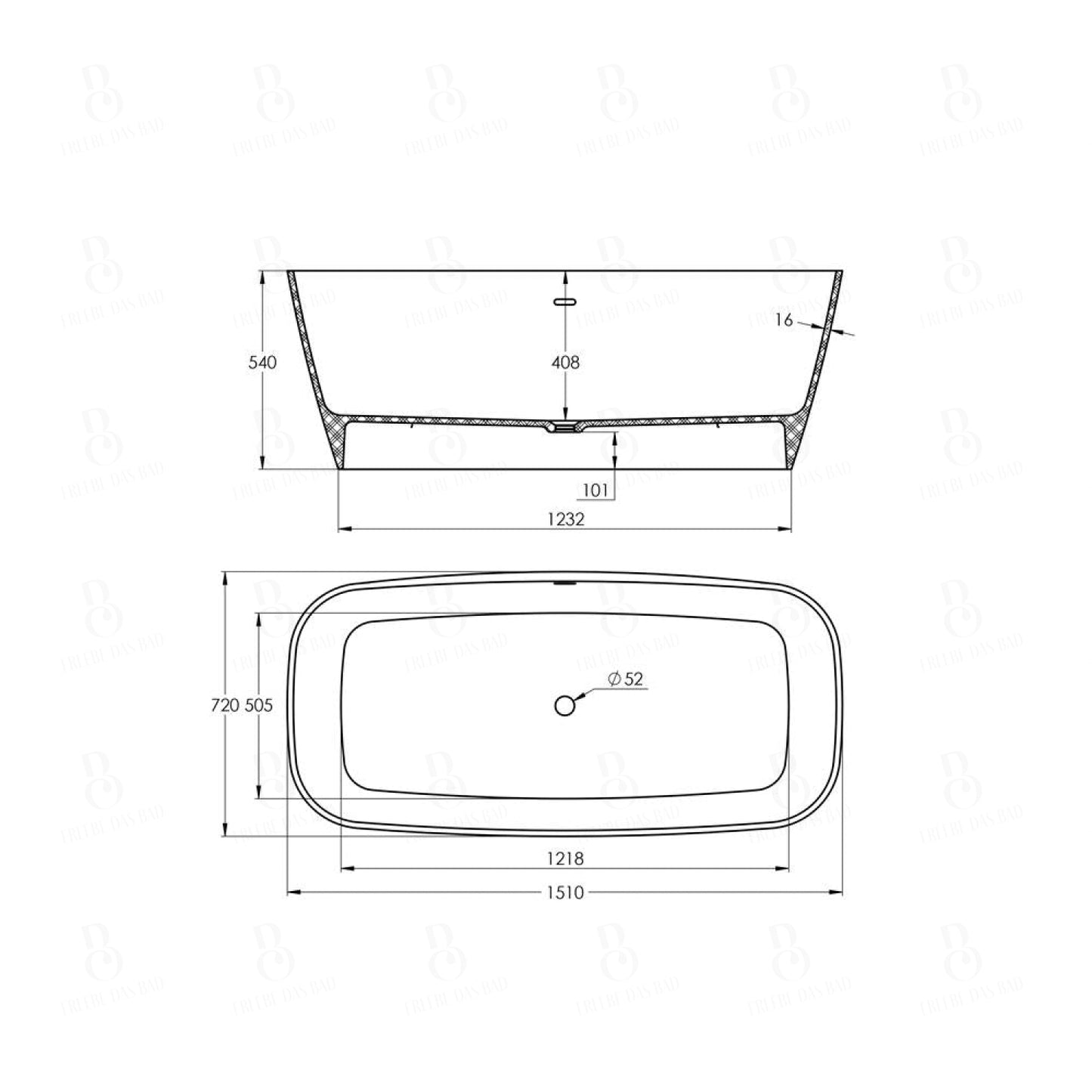 Freistehende Badewanne - aus Mineralguss - Treos Serie 703 -  Schwarz/Weiss glänzend