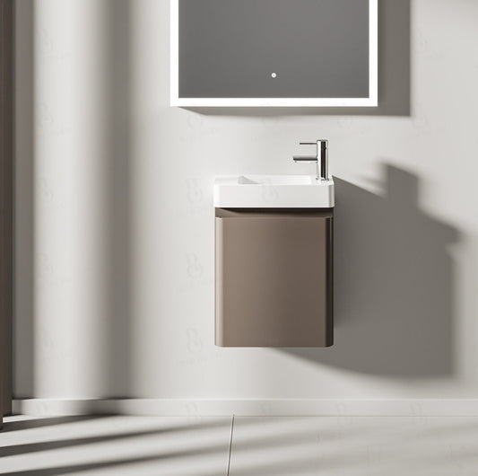 1Kleines Waschbecken mit Unterschrank - für kleines Gäste WC – 45,7cm breit – Becken aus Mineralguss – Treos Serie 920 - Cappuccino Braun Lack