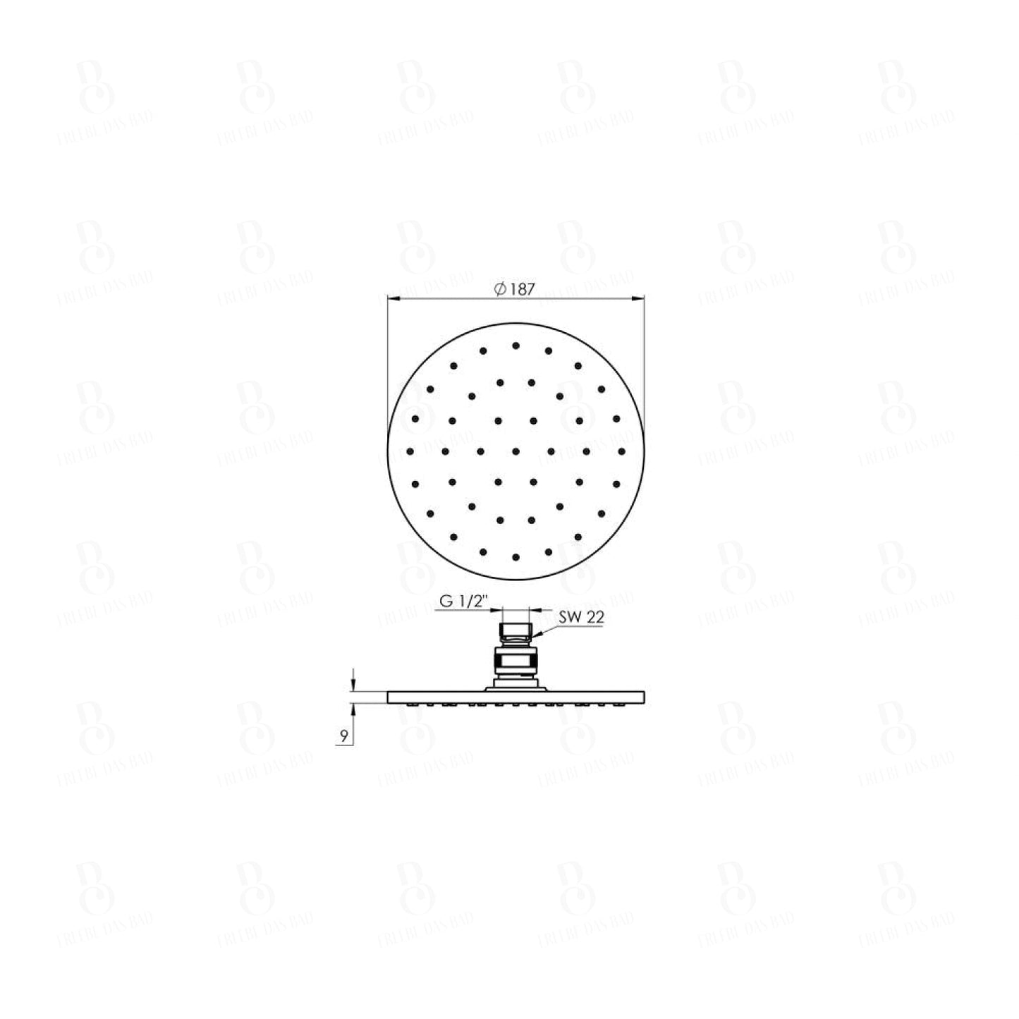 Treos Serie 173 Regenbrause Ø 187 mm aus Metall flach