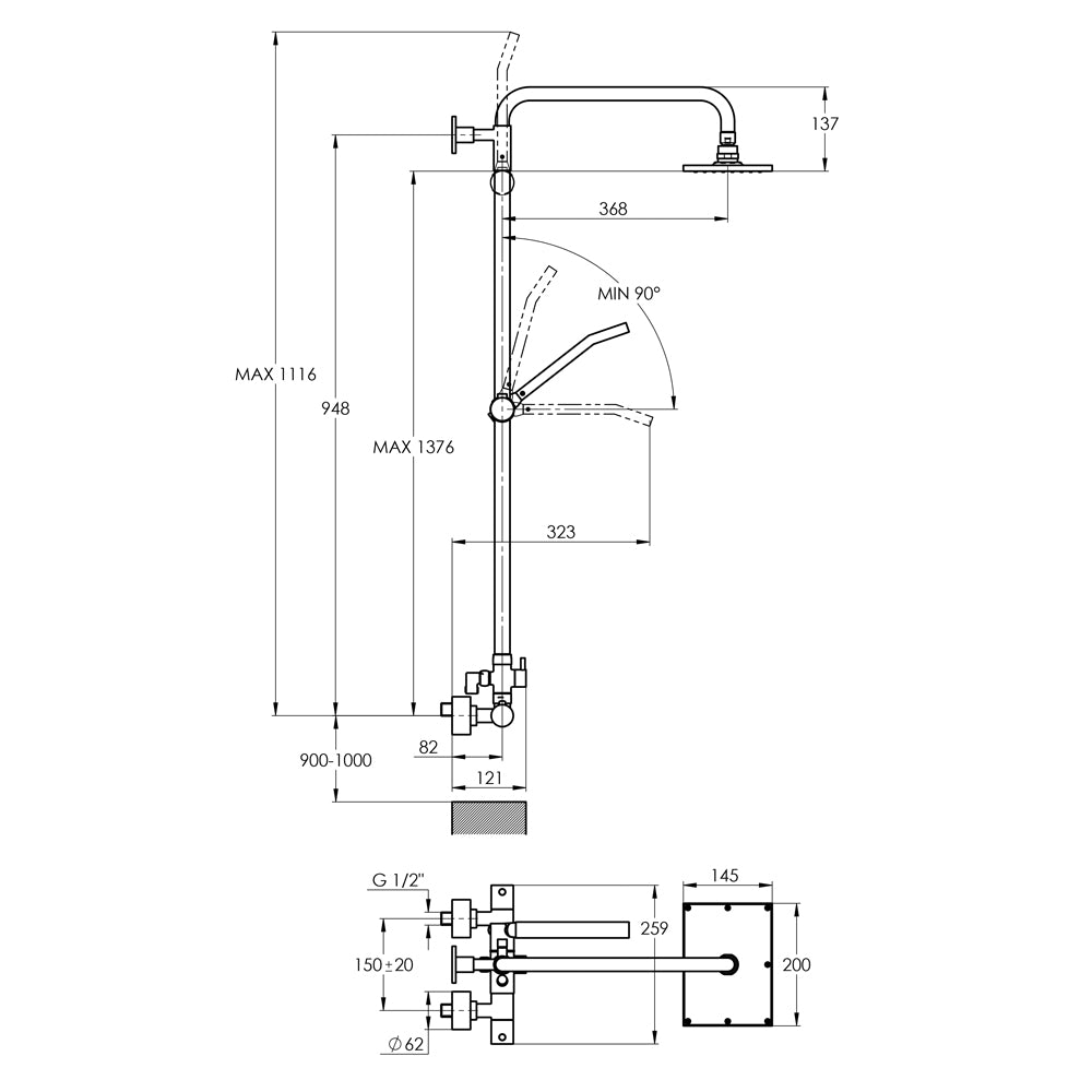 Treos Serie 173 Duschsystem mit Thermostat Regenbrause 200x145mm Handbrause höhenverstellbar