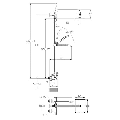 Treos Serie 173 Duschsystem mit Thermostat Regenbrause 200x145mm Handbrause höhenverstellbar