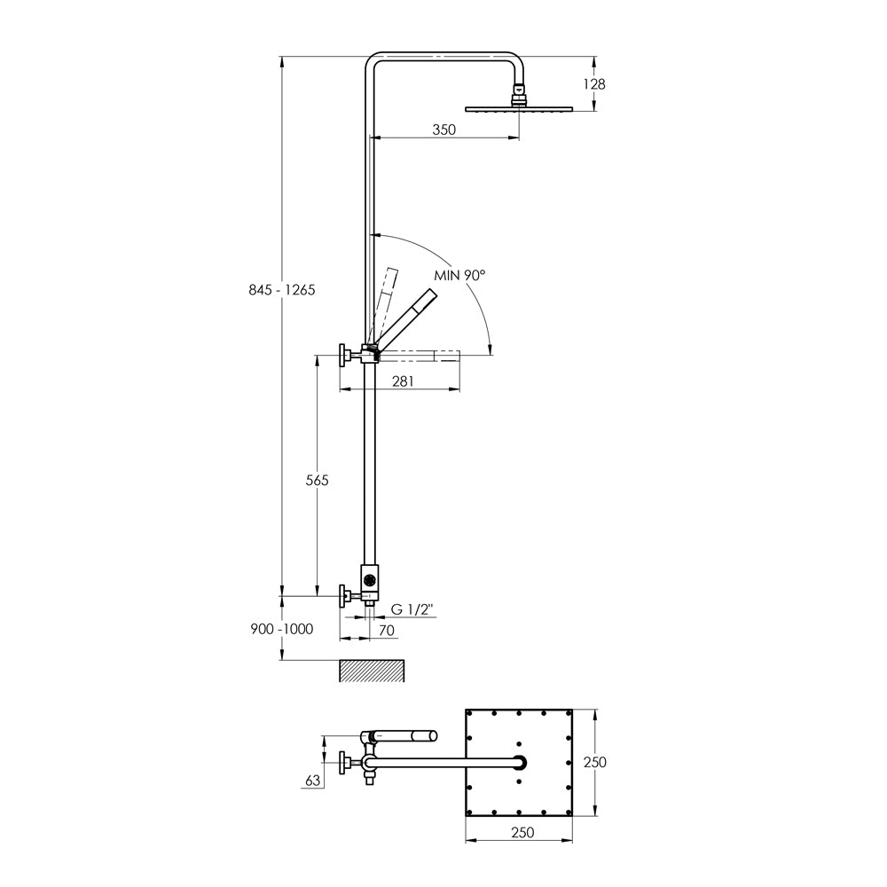 Treos Serie 195 Duschsystem ohne Armatur Regenbrause 250x250mm mit Handbrause