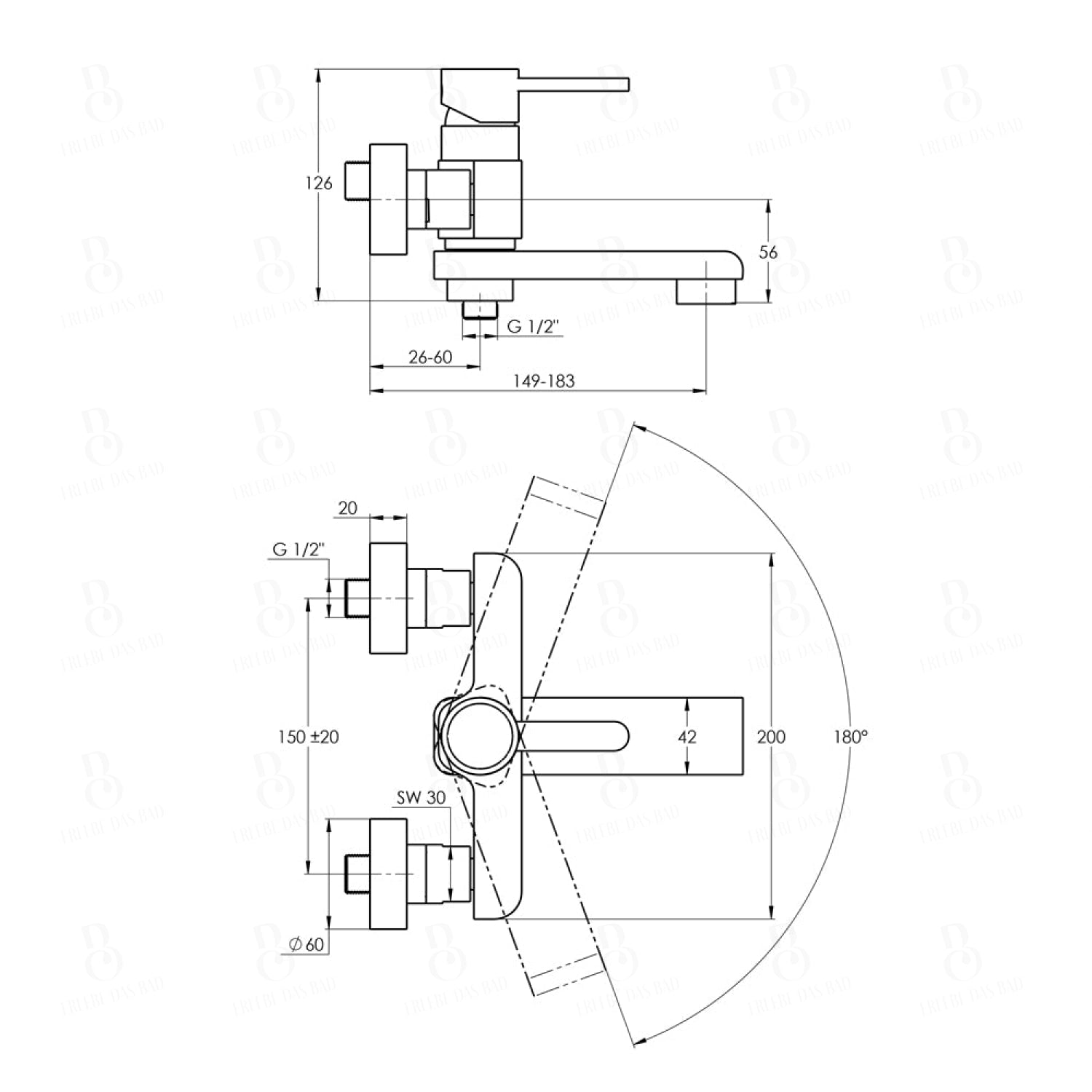 Treos Serie 198 Wanne/Brausearmatur mit schwenkbarem Auslauf chrom