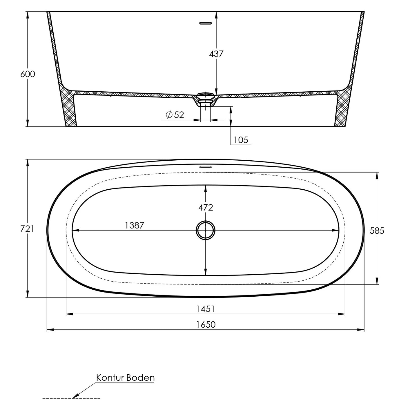 freistehende Badewanne - aus Mineralguss - Länge 165cm - Treos Serie 710 - weiss glänzend