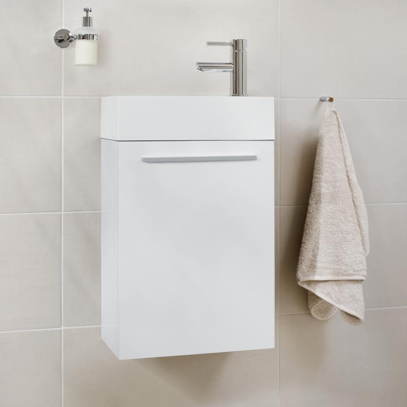 Kleines Waschbecken mit Unterschrank - für kleines Gäste WC – 39,5cm breit – Becken aus Mineralguss – Treos Serie 900 - Weiß Lack