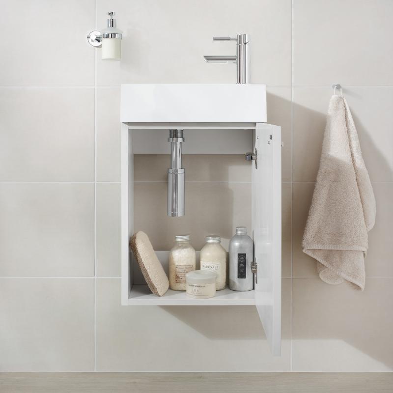 Kleines Waschbecken mit Unterschrank - für kleines Gäste WC – 39,5cm breit – Becken aus Mineralguss – Treos Serie 900 - Weiß Lack