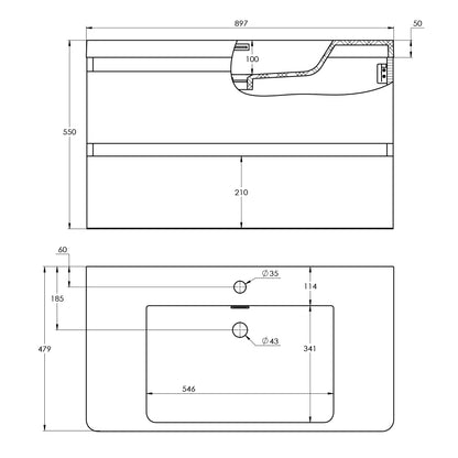 Waschtisch mit Waschtischunterschrank - mit 2 Auszügen - Breite 90 cm - Treos Serie 920 - lackiert weiß glänzend