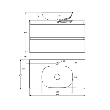 Treos Serie 925 Aufsatzwaschtisch mit Konsolenplatte und Waschtischunterschrank Breite 90cm weiß