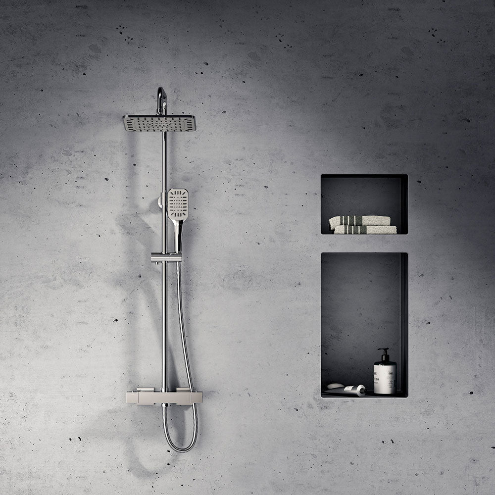 Duschsystem mit Thermostat und Regendusche - eckig - in Chrom - höhenverstellbare Handbrause - Treos Serie 176