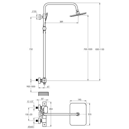 Duschsystem mit Thermostat und Regendusche - eckig - in Chrom - höhenverstellbare Handbrause - Treos Serie 176