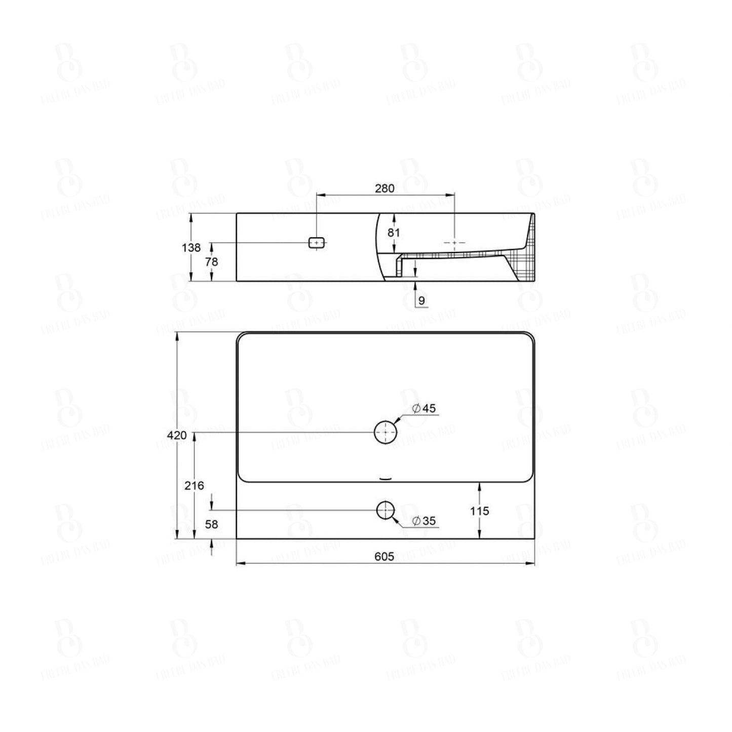 Waschbecken aus Keramik Treos Serie 800 Breite 60,5cm weiß